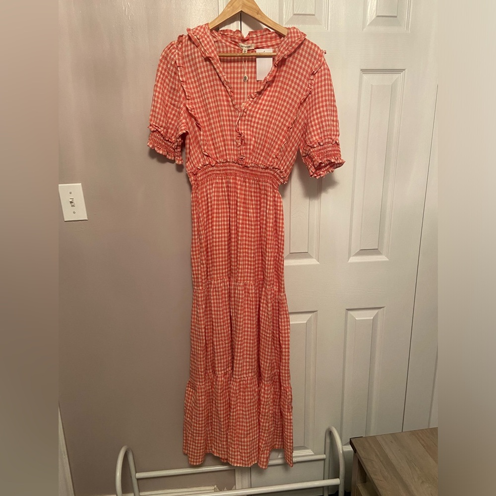 NWT! Max Studio Smocked Tiered Dress. Red /White check pattern.